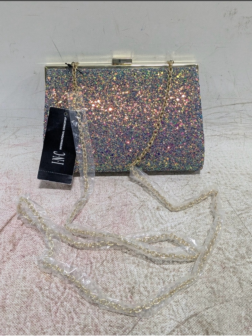 NWT INC International Concepts Multicolor Glitter Evening Clutch with Chain